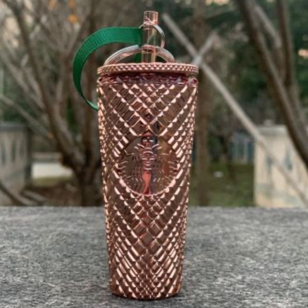 Starbucks Rose Gold Metallic Chrome Diamond Studded Keychain Mini Tumbler NWT